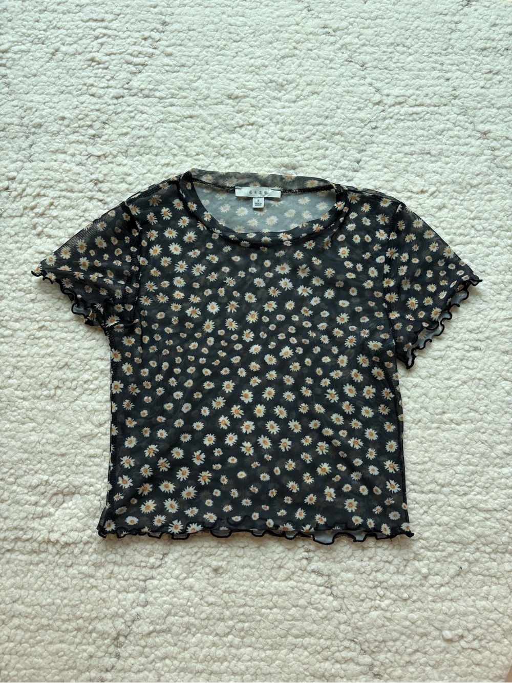 gaze Black Sheer Daisy Mesh Short Sleeve Top